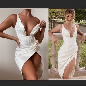 House of CB S D-DD 'Faye' Ivory  white Satin‎ Corset Midi Dress size S NWOT
